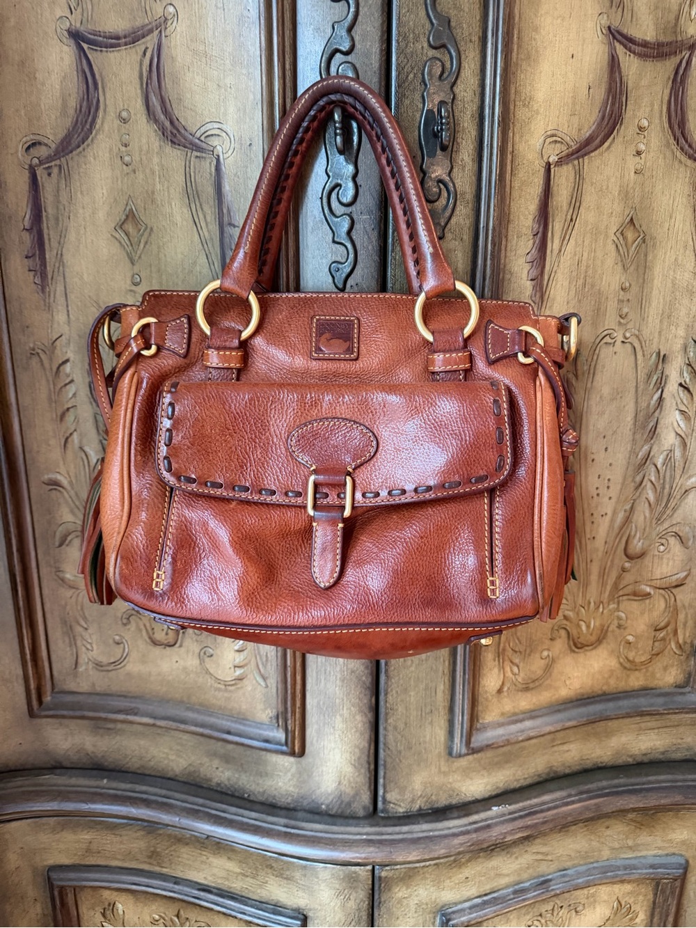 Dooney & Bourke Chestnut Brown Leather Satchel with Gold Hardware